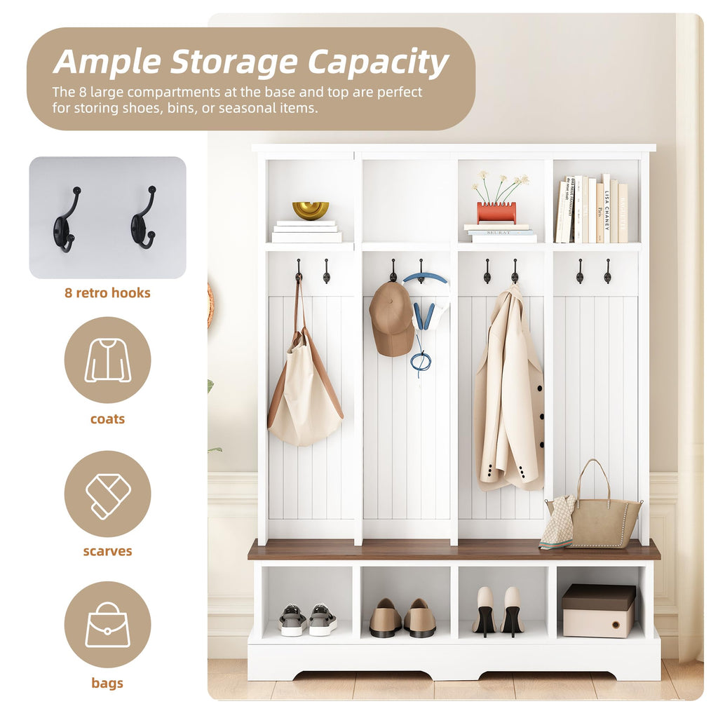 Farmhouse Hall Tree with Bench and Shoe Storage, 59" Entryway Bench with Coat Rack, 8 Hooks and Top Compartments