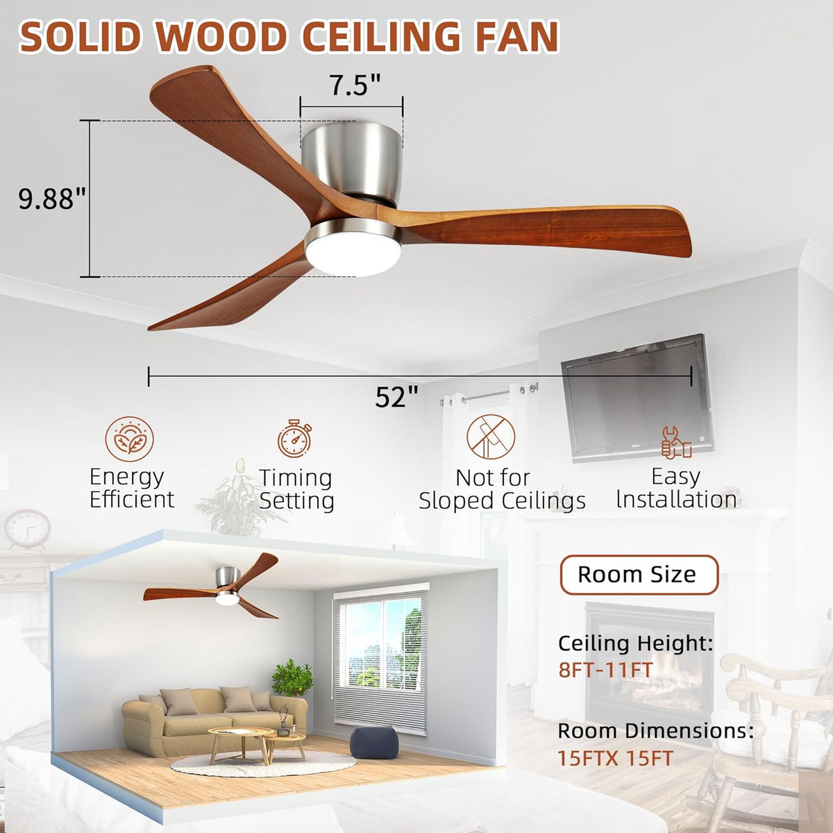 52" Modern Flush Mount Ceiling Fan with Light, 3 Wood Blades, Brushed Nickel, Dimmable LED, Remote