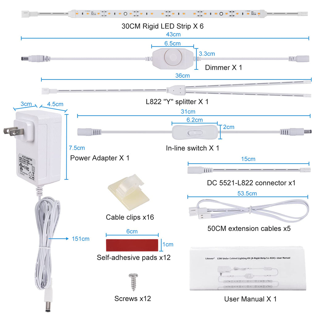 Under Cabinet LED Lighting Kit Cabinet Counters Shelf Closet. 6 PCS 12 Inches Light Strip with Adapter Switch Dimmer