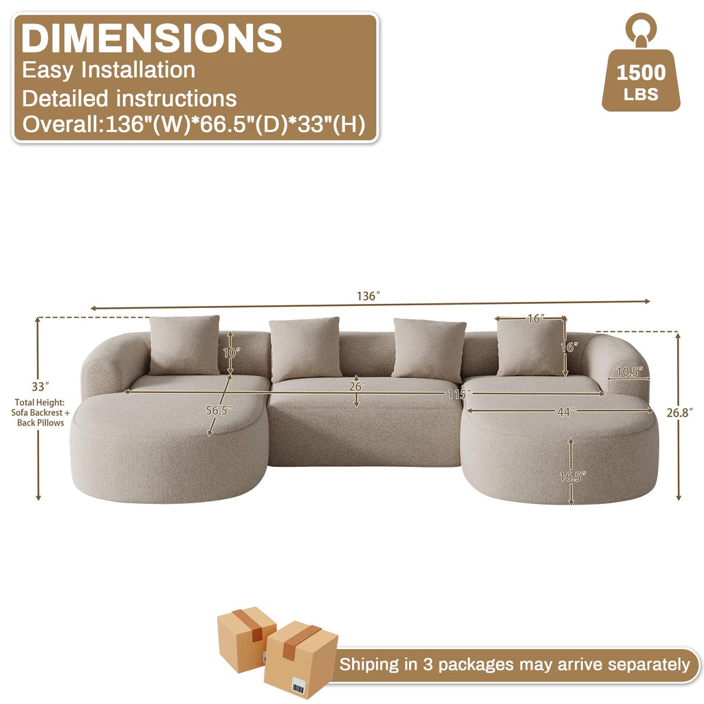 136"Oversized Luxury Modern Tight Sofa, Curved Back, Light Brown
