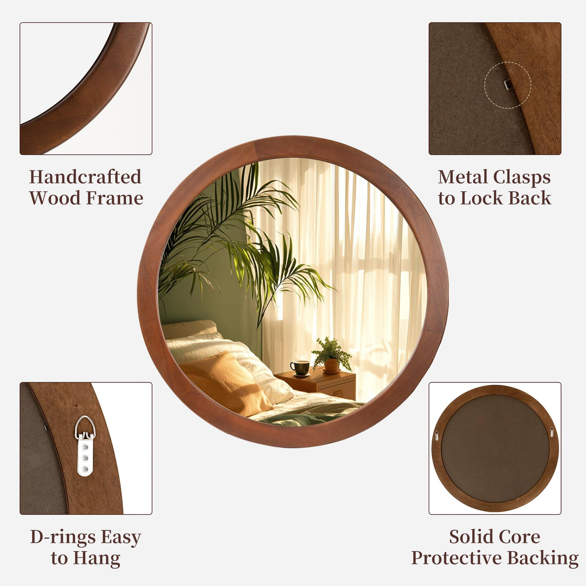 Round Mirror 36 Inch,Wood Rustic Bathroom Wall Mirror with Walnut Frame