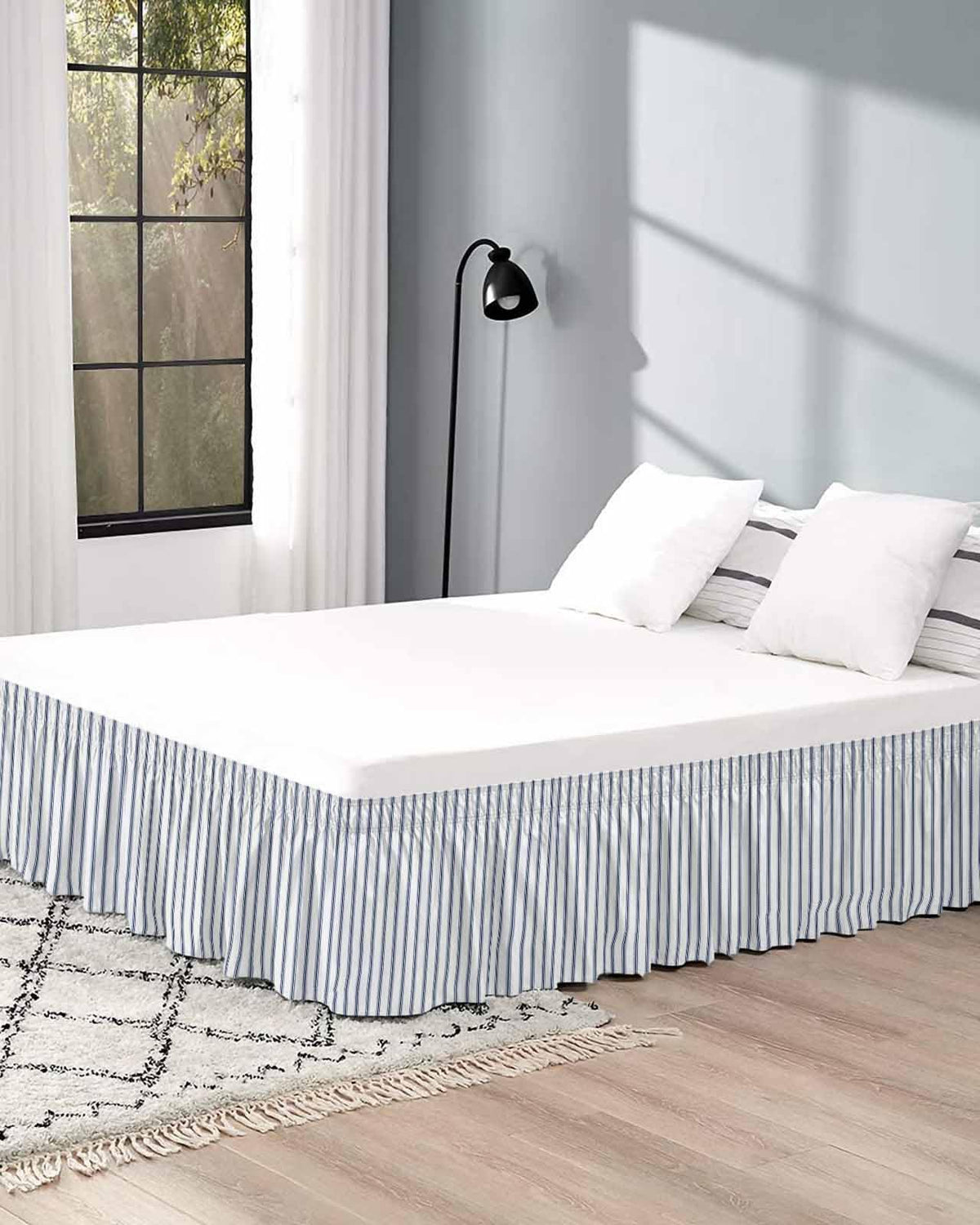 Navy Blue Striped Bed Skirt 16 Inch Drop, Farmhouse Geometric Minimalist Vertical Stripes Adjustable &
