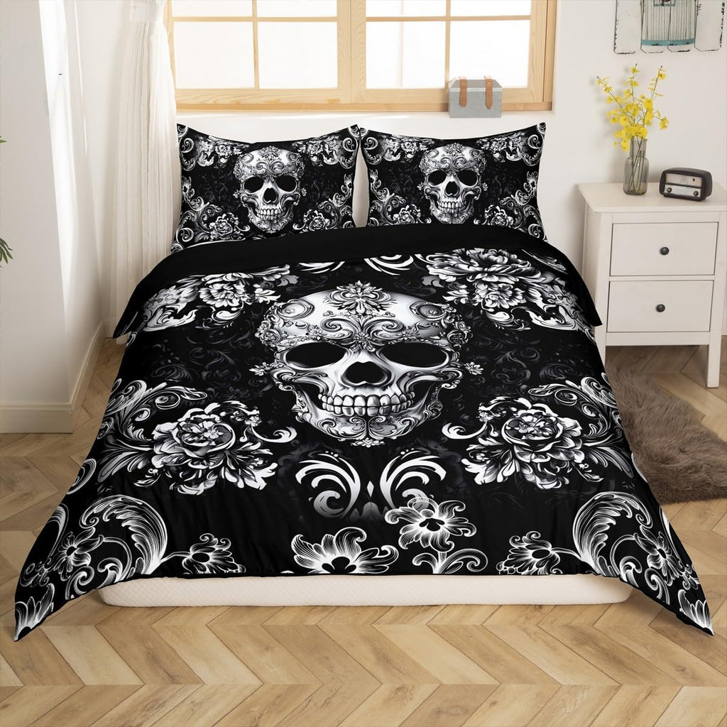 Gothic Skull Duvet Cover Queen Size Bohemian Victorian Style Retro Floral Comforter Cover for Teens Adults Halloween