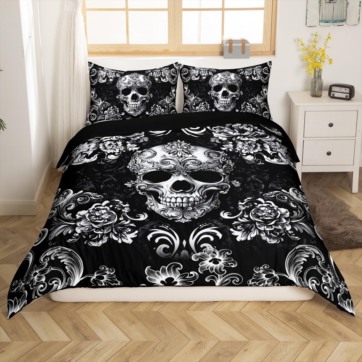 Gothic Skull Duvet Cover Queen Size Bohemian Victorian Style Retro Floral Comforter Cover for Teens Adults Halloween