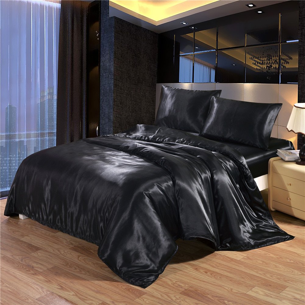 Hotel Quality Solid Silver Black Duvet Cover Set /Single Size Silk Like Satin Bedding with Hidden Zipper Ties