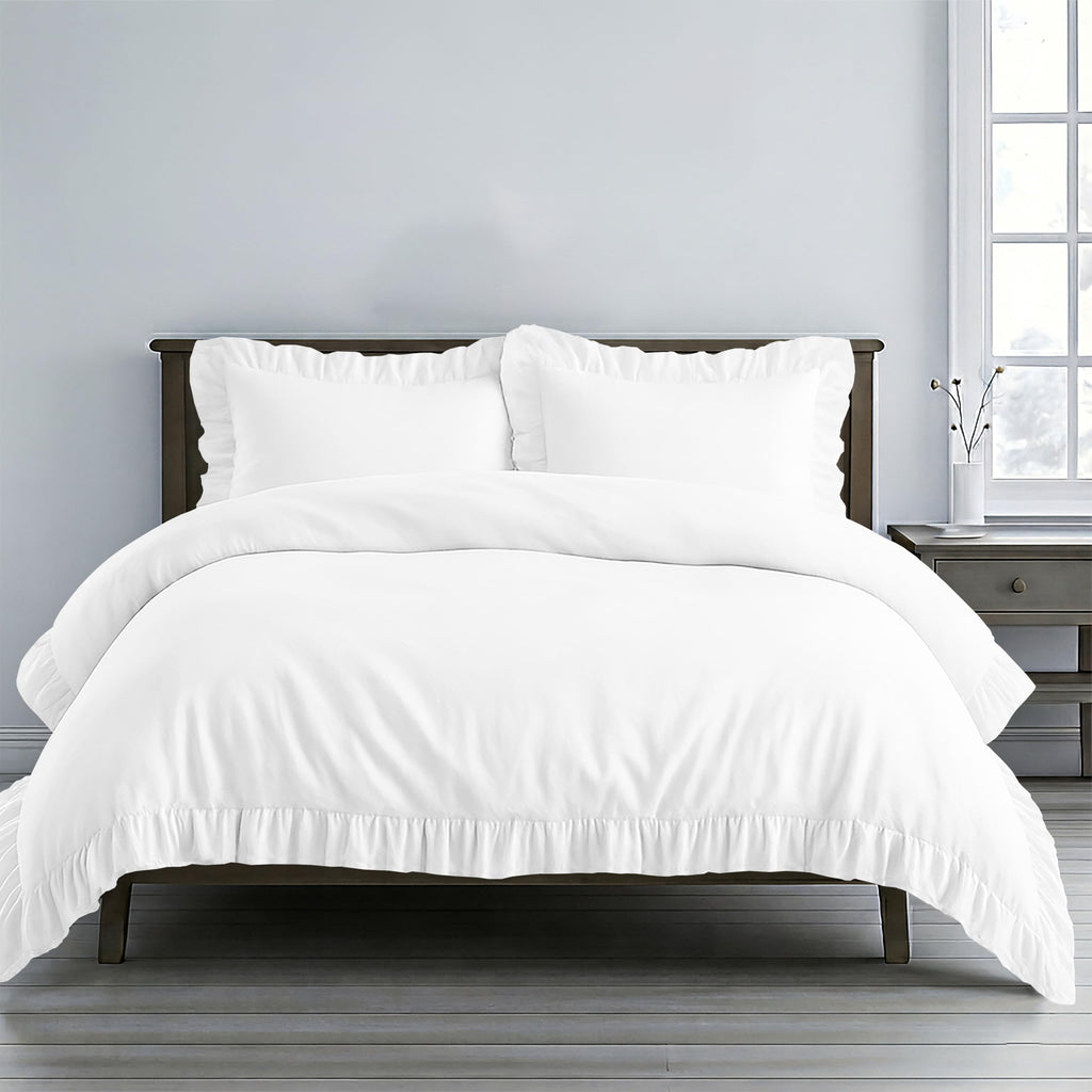 3 Pc White Ruffle Trim Duvet Cover Set King Size-100% Egyptian Cotton 600 TC Frilled, Shabby Chic Bohemian-Vintage