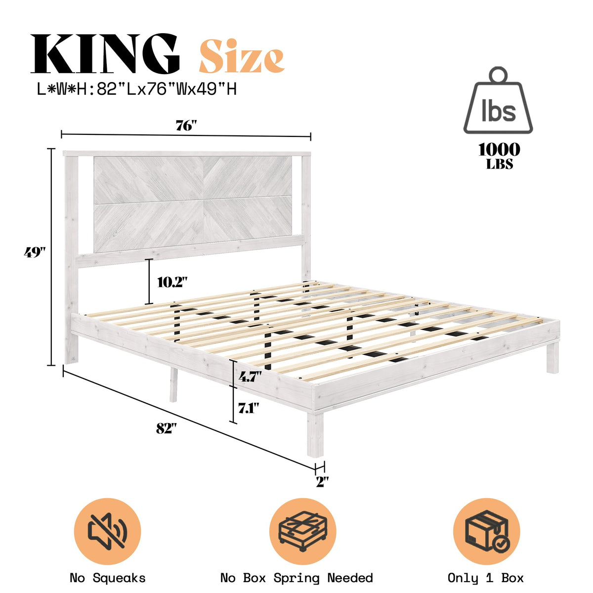 Modern Solid Wood Bed Frame with Headboard, Rustic White
