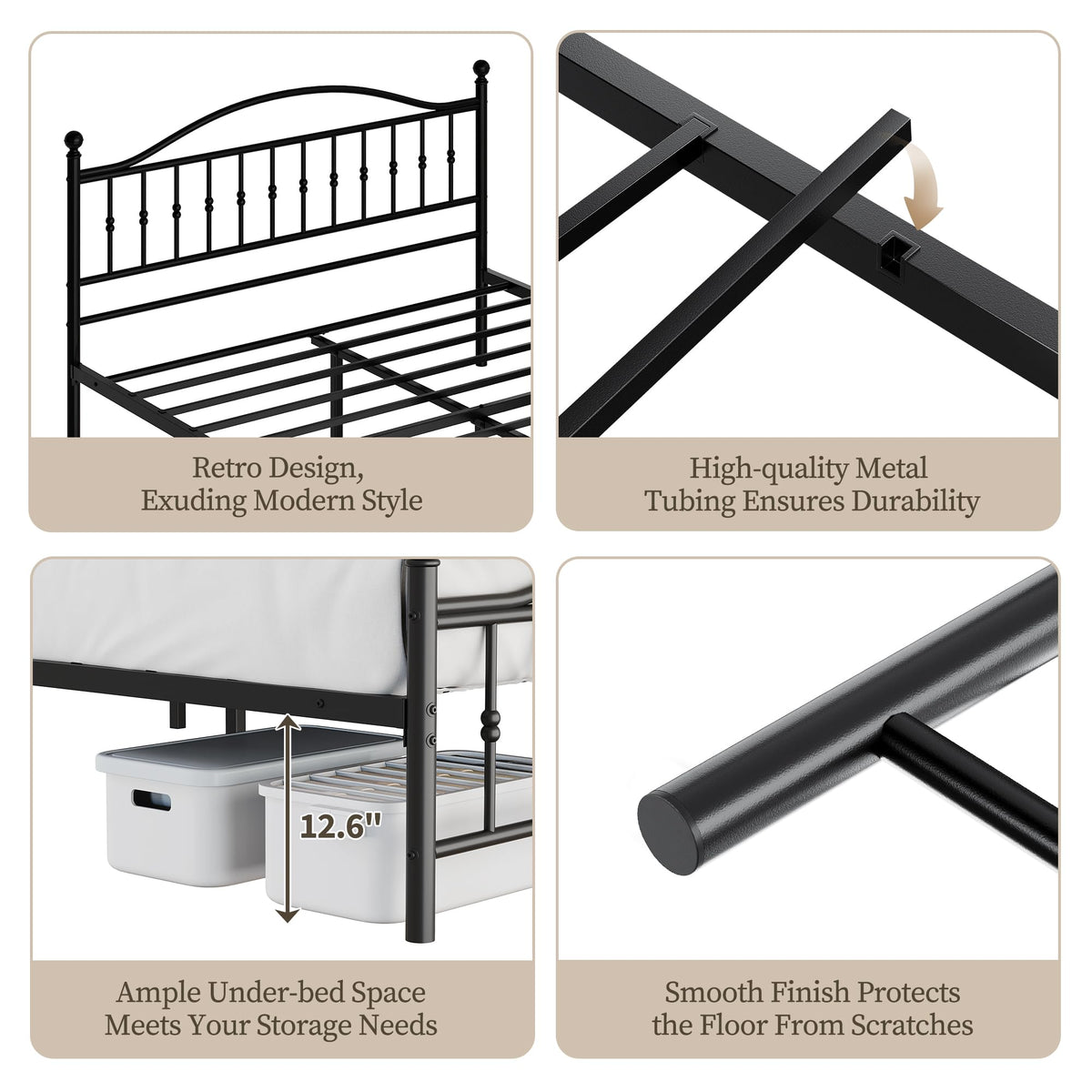 Metal Platform Bed Frame with Vintage Circular Headboard and Footboard, Heavy-Duty Iron Frame, No Box