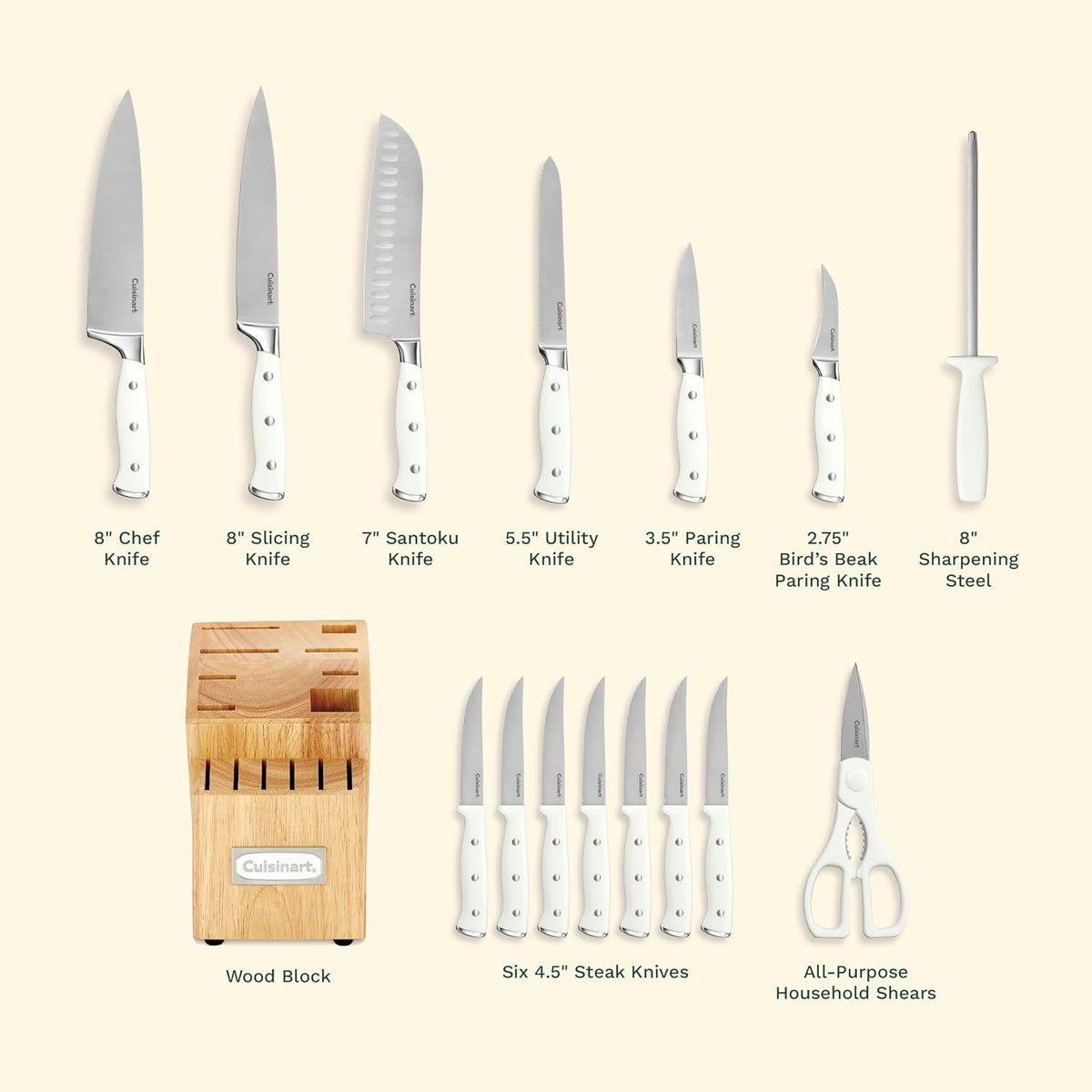 15-Piece Knife Set with Block, High Carbon Stainless Steel, Forged Triple Rivet, White, C77WTR-15P