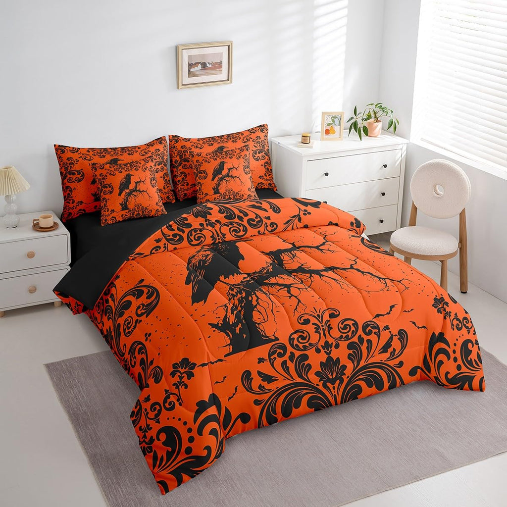 Halloween Crow Bedding Set Baroque Damask Gothic Twin Comforter Set 7 Piece Exotic Bohemian Vintage Floral Raven Bed
