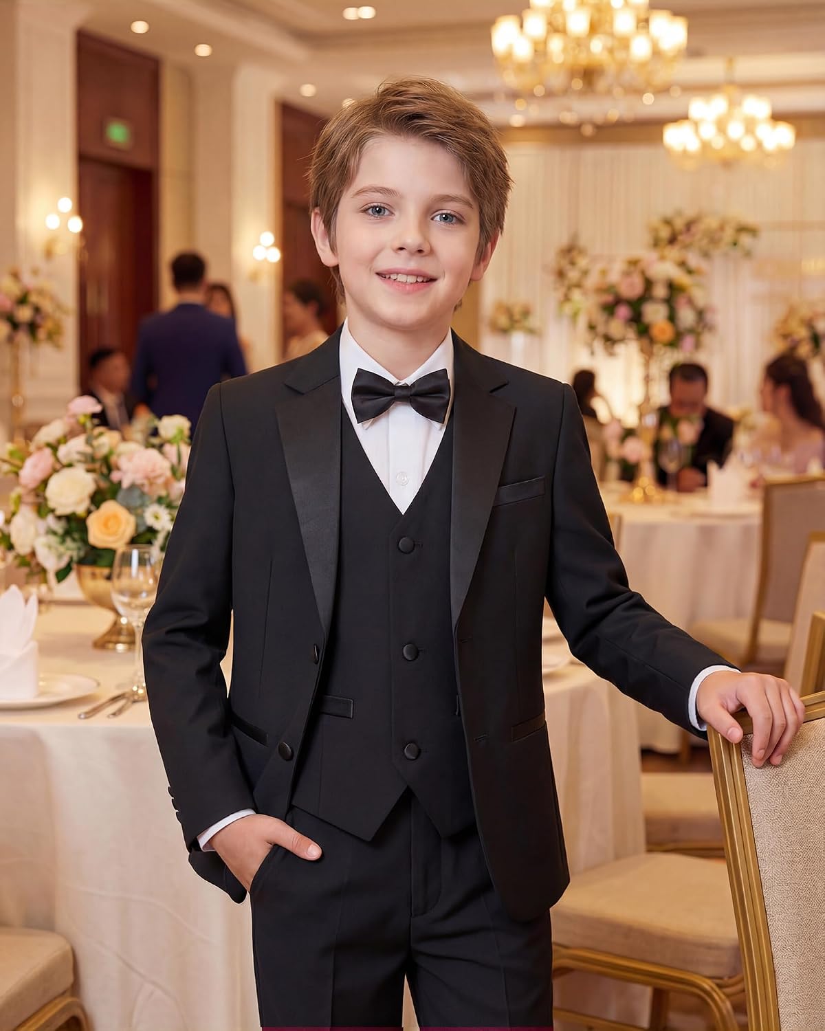 Boys Suits Piece Tuxedo Suit Set: Jacket, Pants, Shirt, Vest & Bow Tie for Kids Wedding Ring Bearer Party