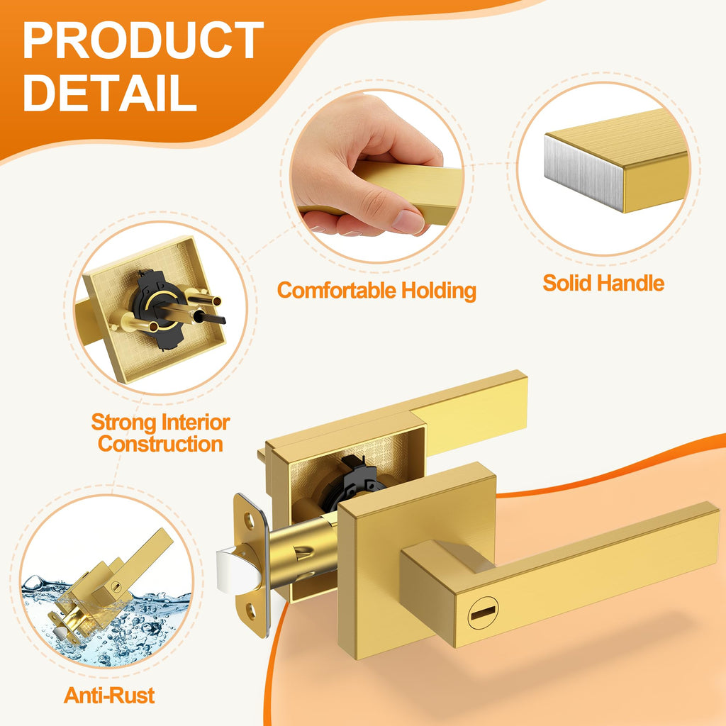5 Pack Brushed Gold Door Handles, Interior Door Knob Heavy Duty, Flat Square Privacy Door Locks, Keyless Door Leverset