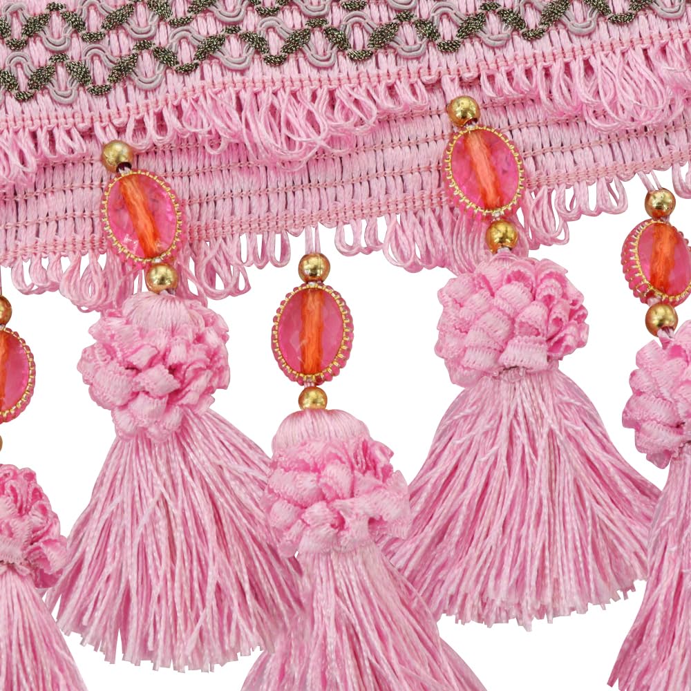 Pom Pom Curtain Fringe Trim Beads Ball Tassel Trimming Sewing Ribbon Upholstery Fabric (Pink) - 3yards