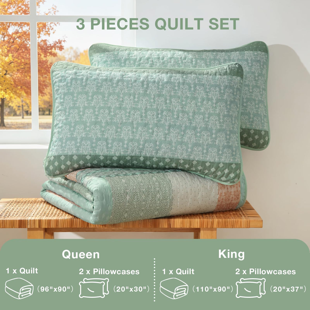 Quilt Set, Boho Stripe Bedspread, Vintage Green