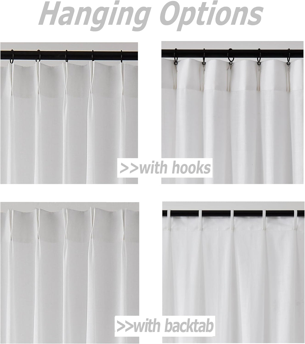 72 Inches White Pinch Pleated Linen Semi Sheer Curtains (Set of 2 Panels)