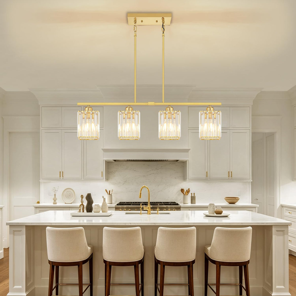31.89" Brushed Gold Linear Chandelier Crystal Island Lights