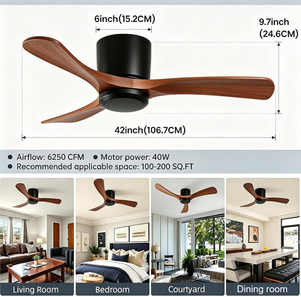 42" Wood Flush Mount Ceiling Fan with Remote, No Light
