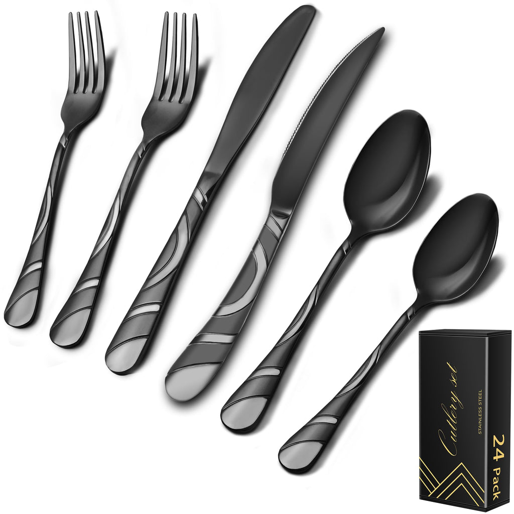 24-Piece Black Silverware Set for 4, 18/0 Stainless Steel Flatware