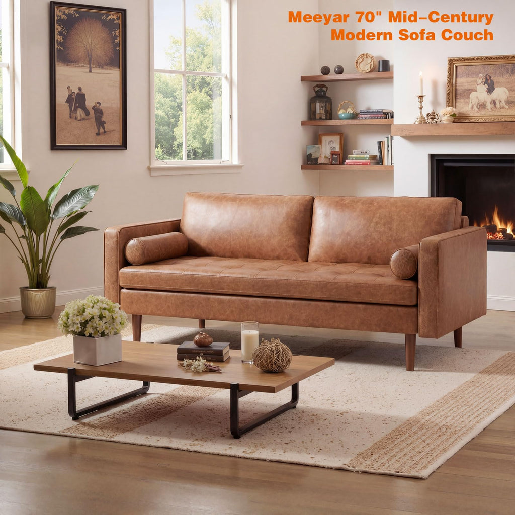 Faux Leather Couch, 70" Mid-Century Modern Sofa, Brown