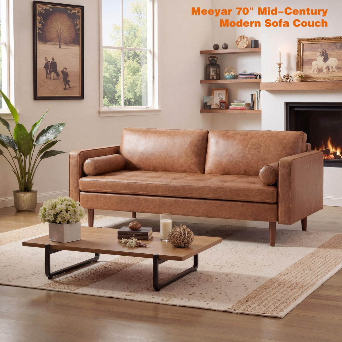 Faux Leather Couch, 70" Mid-Century Modern Sofa, Brown