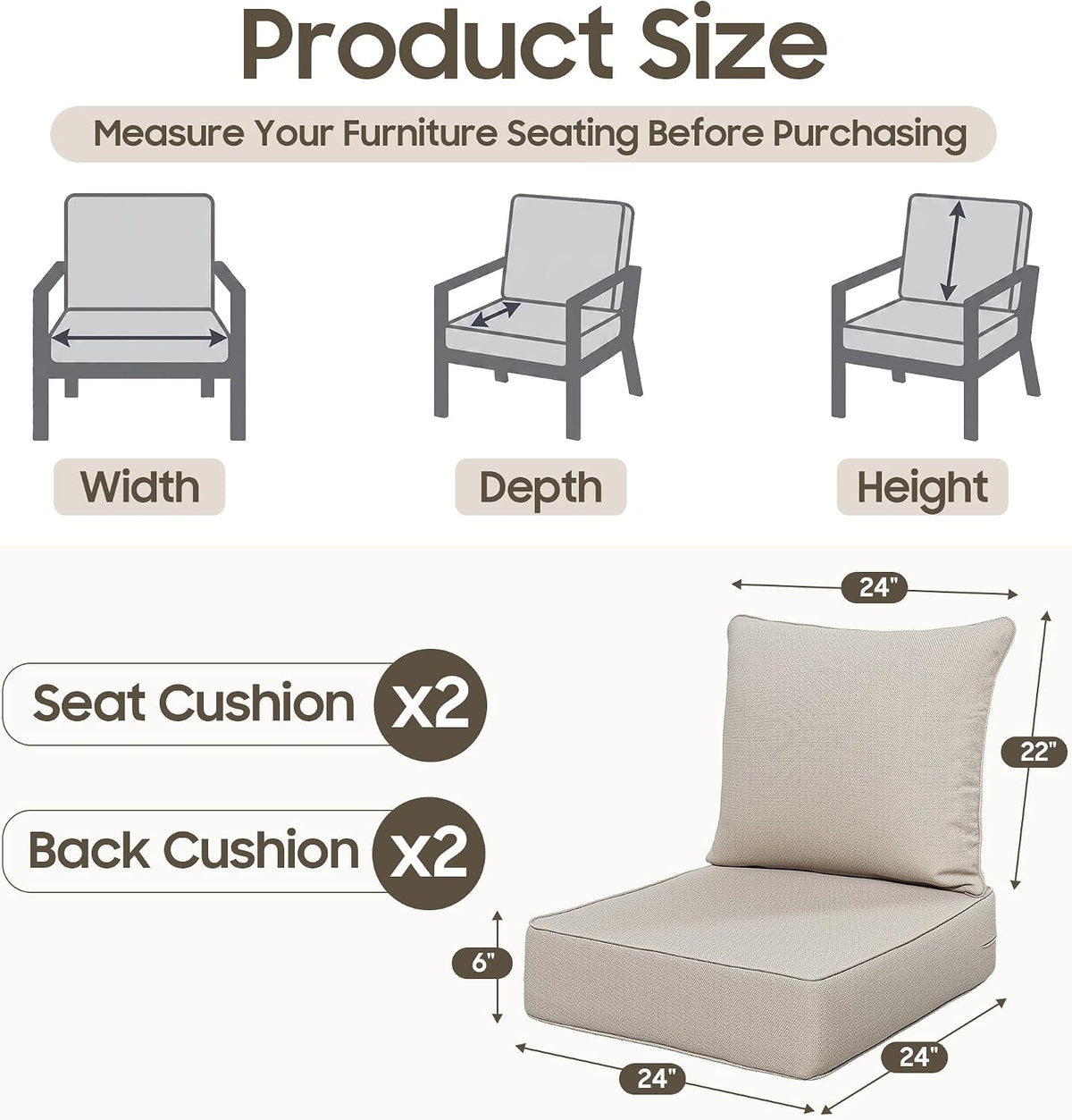 24x24 Outdoor Seat Cushions Set of 2, Thick Deep Seated Outdoor Chair Cushions Furniture, Fade Resistant Replacement