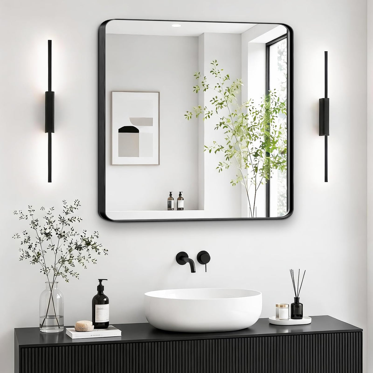 Bathroom Mirrors for Over Sink, 1Pcs 36x36Inch Vanity Mirrors for Wall, Black Metal Frame Rectangle Mirrors Farmhouse