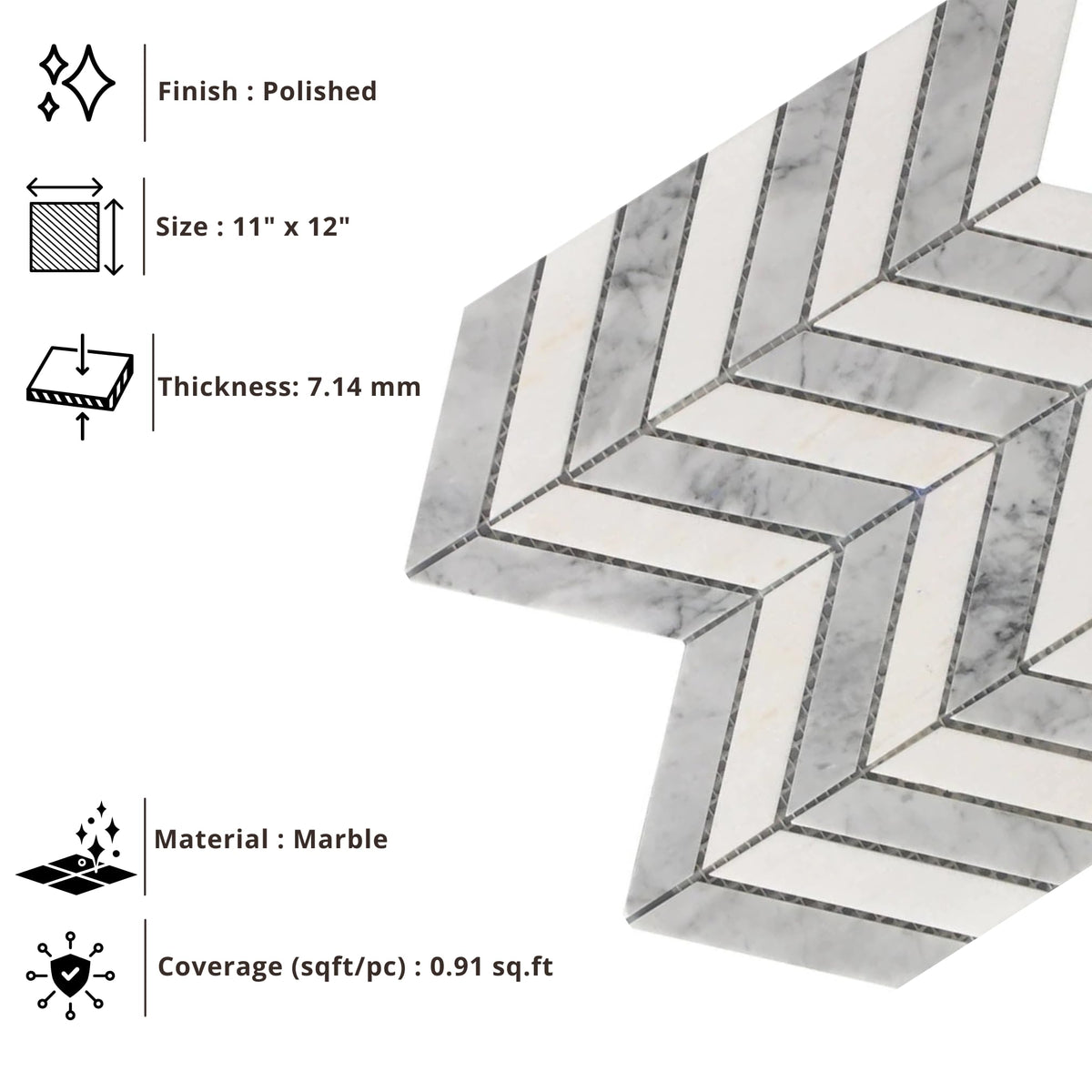 White and Grey Marble Chevron Mosaic Tile - 11x12 Inch Mesh-Mounted Sheet - Natural Marble Geometric Mosaic