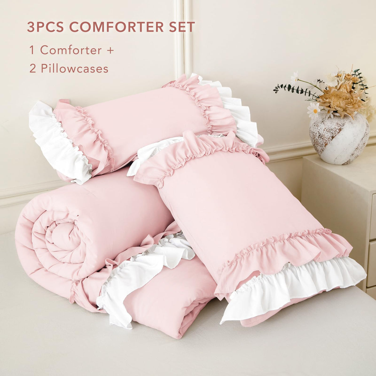 3PCs Blush White Ruffled Comforter Queen Size, Farmhouse Shabby Boho Chic Ruffle Bedding Comforter Set Queen French