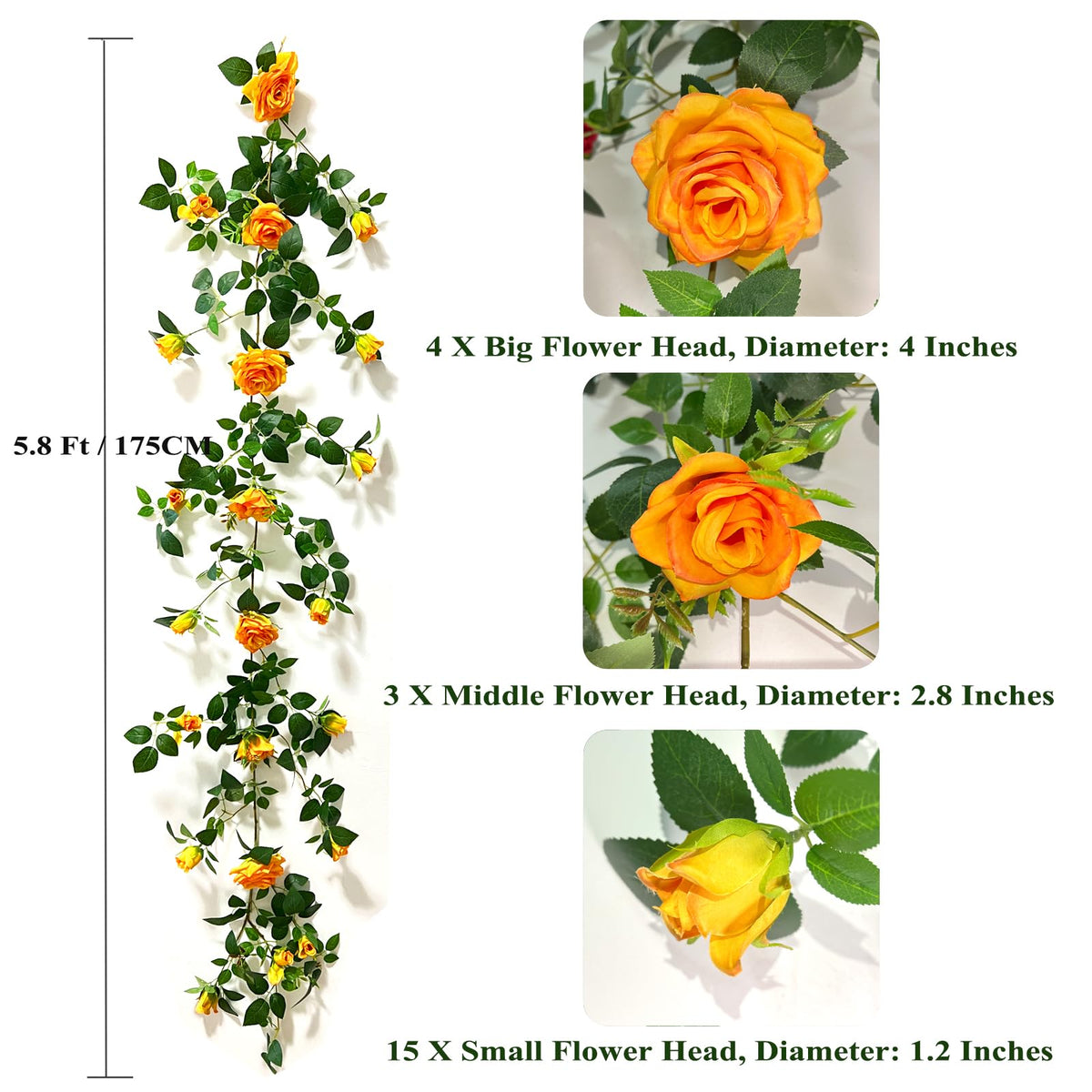 1X6FT Bendable Fake Rose Garland, Flower Garland, Artificial Flower Rose Vine
