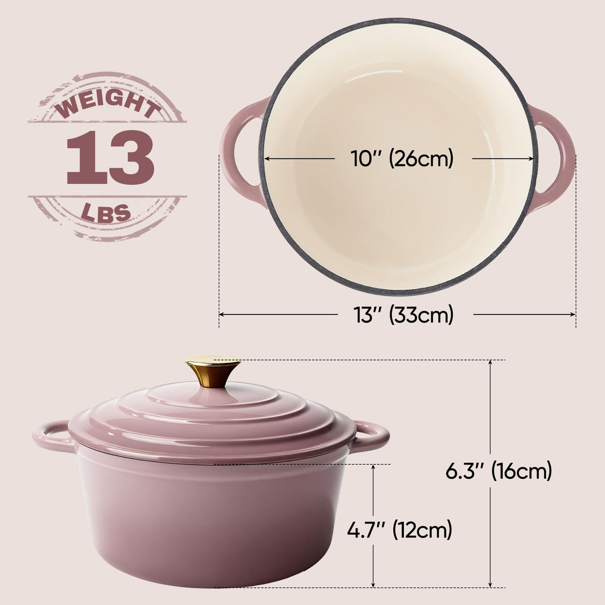 Vintage Style 6 Quart Dutch Oven Pot with Lid, Non Stick Enameled Cast Iron Dutch Oven for Bread Baking, Heavy-Duty