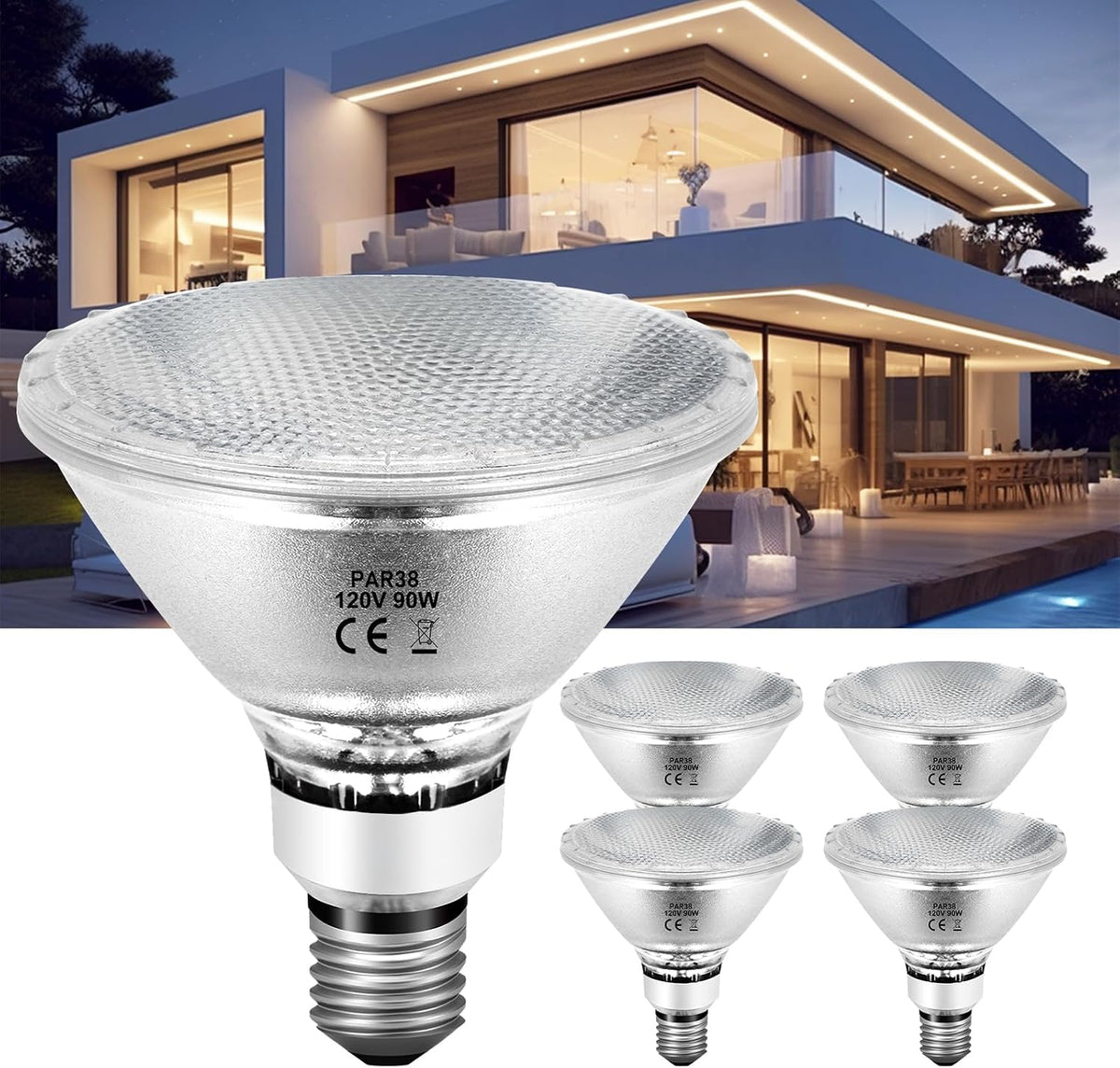 PAR38 Halogen Flood Light Bulbs, 90 Watt 120V, E26 Base, 4 Pack