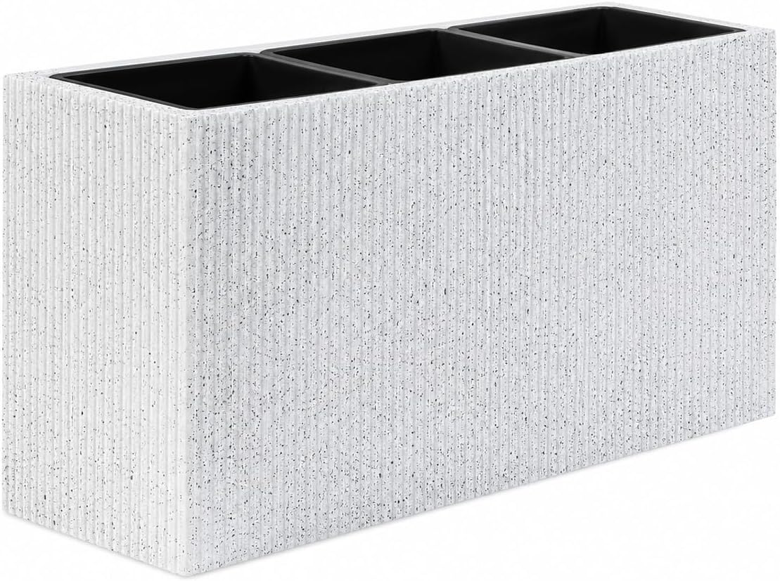 Trevano Fiberstone Rectangular Planter (M, Ribbed White) | Lightweight, Durable, UV Resistant, Modern Terra Cotta