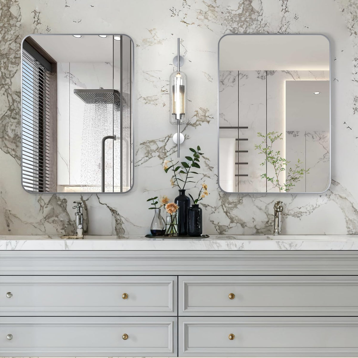 Bathroom Vanity Mirror 20x28 Inch Silver 2-PCS Rounded Rectangle