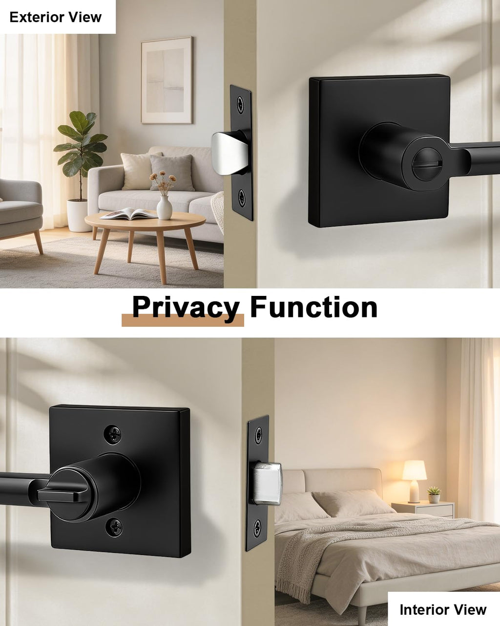 2 Pack Interior Privacy Door Handles, Matte Black Heavy Duty Levers with Lock Bathroom, Square Lockset Upgrade