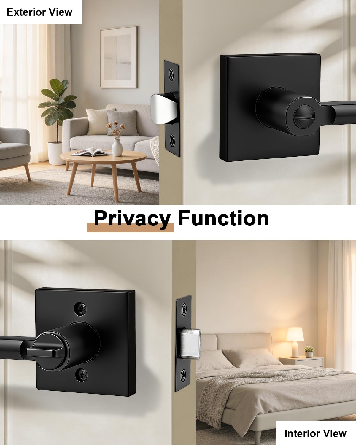 2 Pack Interior Privacy Door Handles, Matte Black Heavy Duty Levers with Lock Bathroom, Square Lockset Upgrade