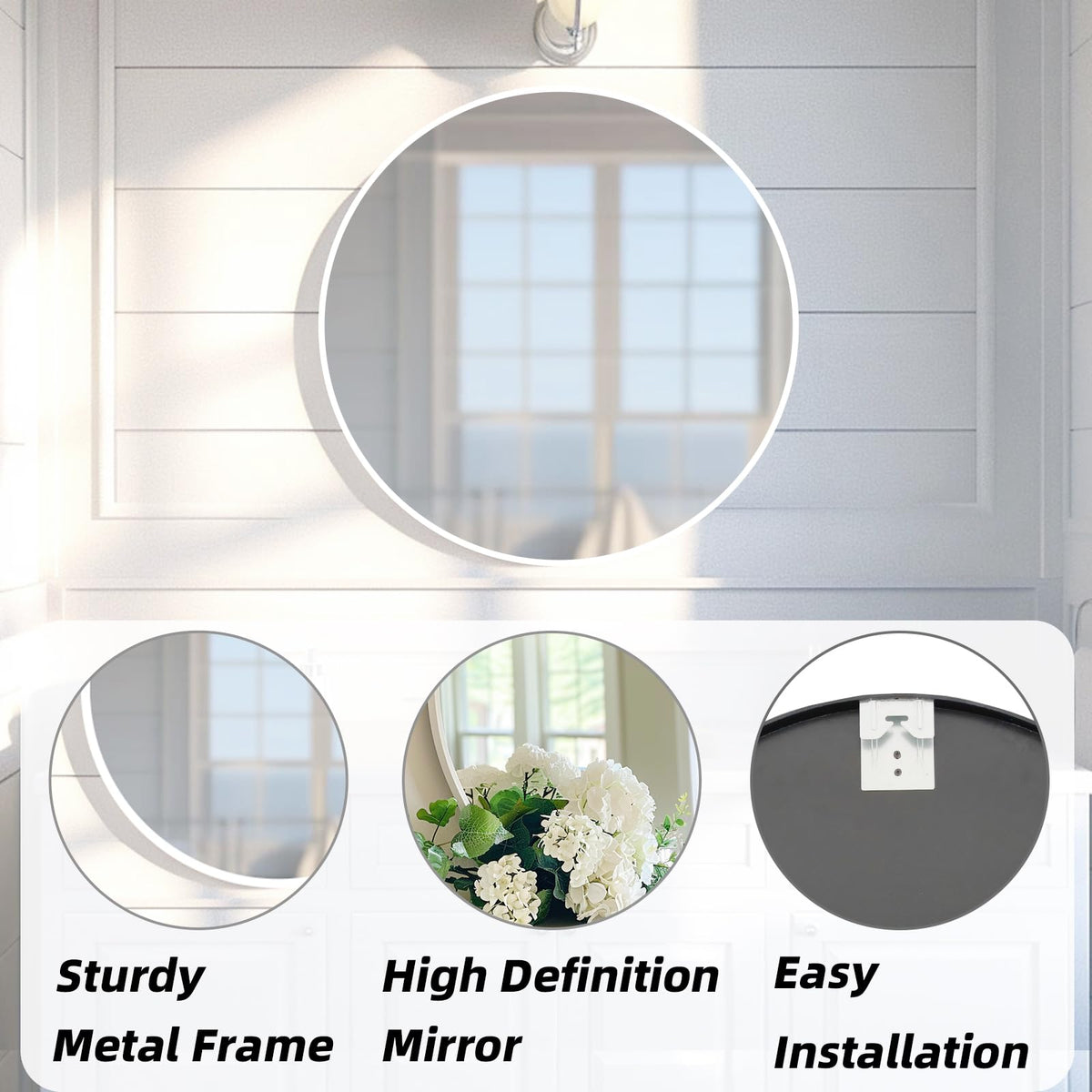 White Circle Mirror 22 inch, Round Mirror, Matte White Metal Frame