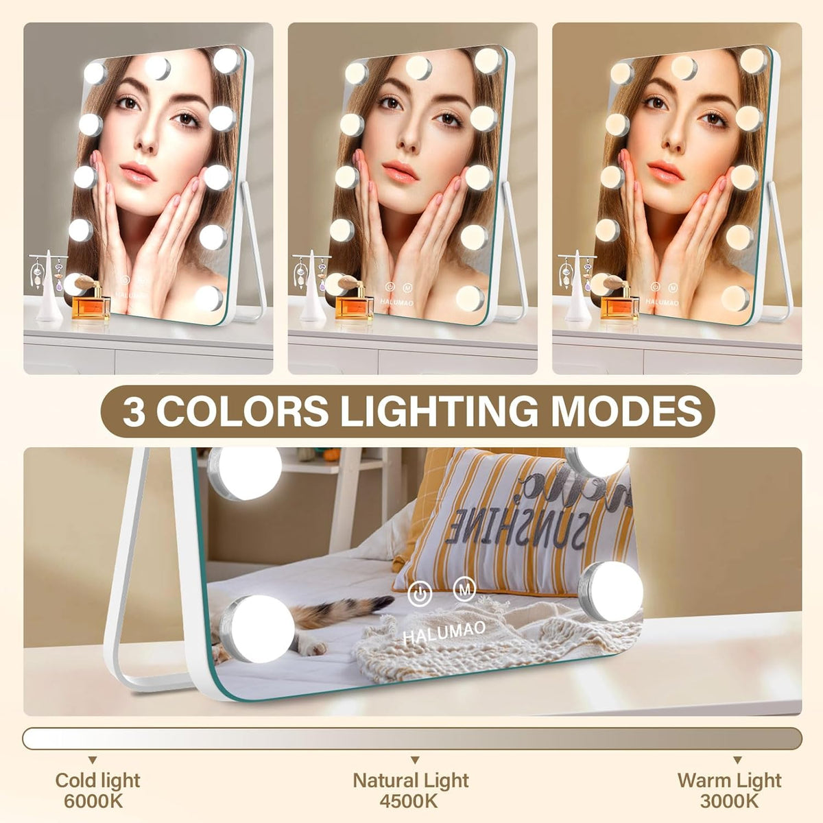 Vanity Mirror with Lights, Rechargeable Makeup Mirror, 14.6" Lighted Makeup Mirror for Dressing Room & Bedroom，Memory