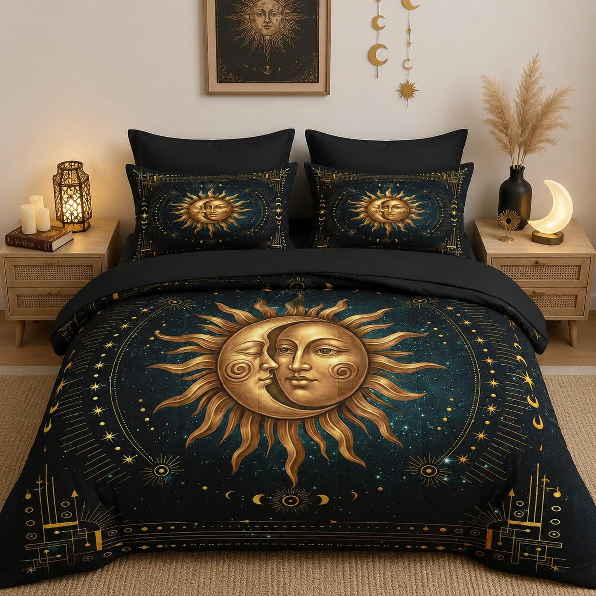 Full Comforter Set with Sheets, 7 Pieces Boho Sun Bedding