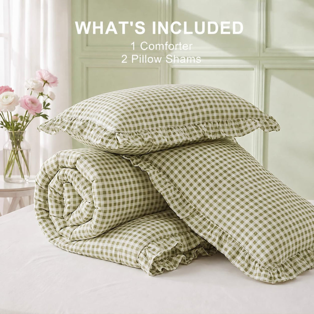 Ruffle Gingham Comforter Set Sage Plaid Farmhouse Bedding