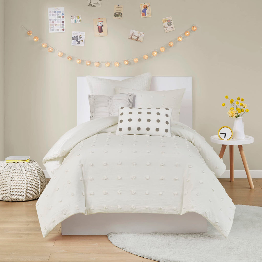 Cotton Jacquard Pompom Ivory Twin Duvet Cover Set, 5pc