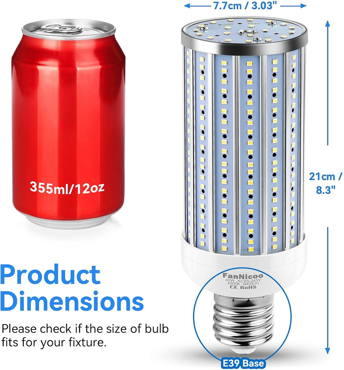 LED Corn Light Bulb 500W Equivalent 60W 6000Lumen 6500k E39 Mogul Base LED Corn Bulb Large Area Cool Daylight White