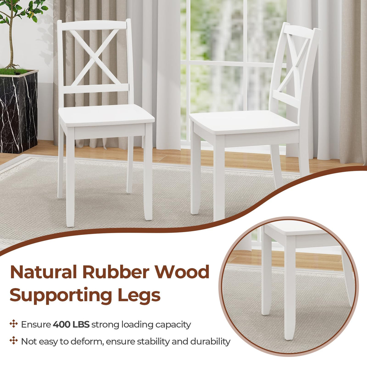 Wood Dining Chairs Set of 4 White, Armless Kitchen Chair w/Rubber Wood Legs & Curved Backrest, Farmhouse Cross Back