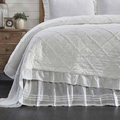 Kathryn California King Ruffled Bed Skirt w/a 16" Drop, Soft White Linen-Look Textured Fabric, Gathered Vintage