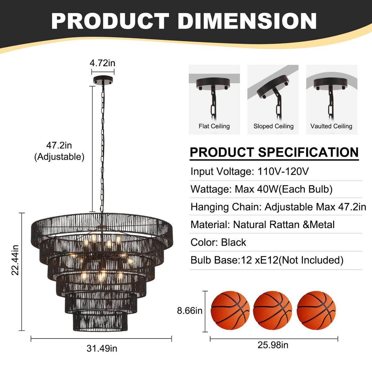31.49" Large Black Rattan Chandelier, 12-Light Wicker Light Fixture