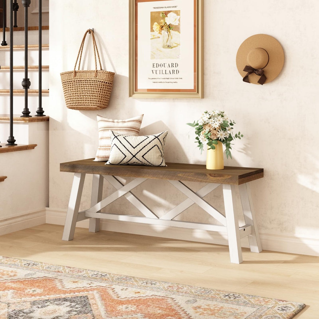 43" Farmhouse Solid Wood Bench, Rustic Entryway Bench, White