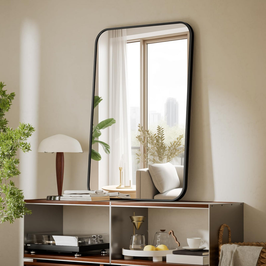 24" x 36" Rectangular Aluminum Alloy Frame Wall Mounted Bathroom Mirror with Rounded Corners, Black