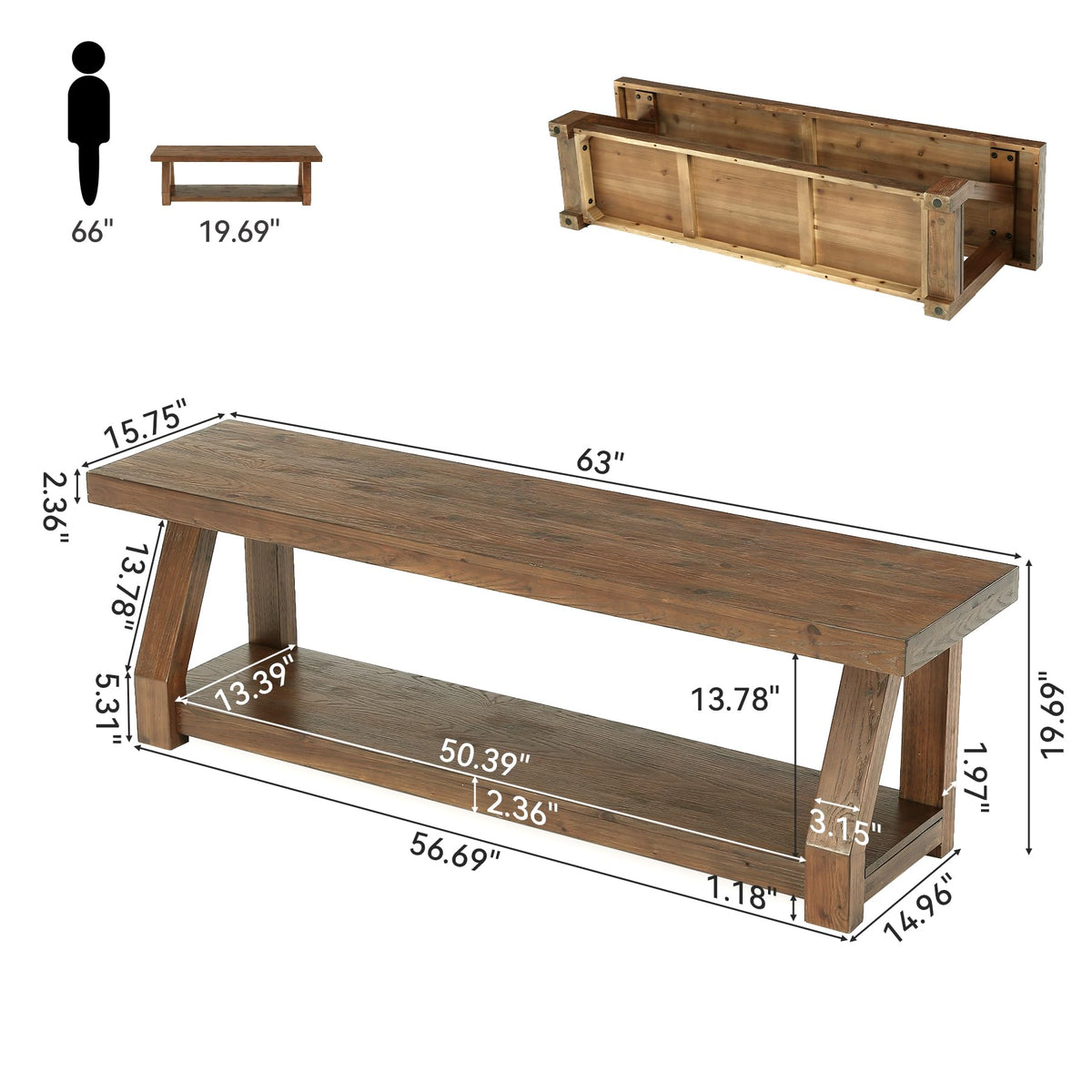 63" Solid Wood Bench, 2-Tier Entryway Bench with Shoe Storage, Rustic Hallway Accent Benches, Mudroom, Easy