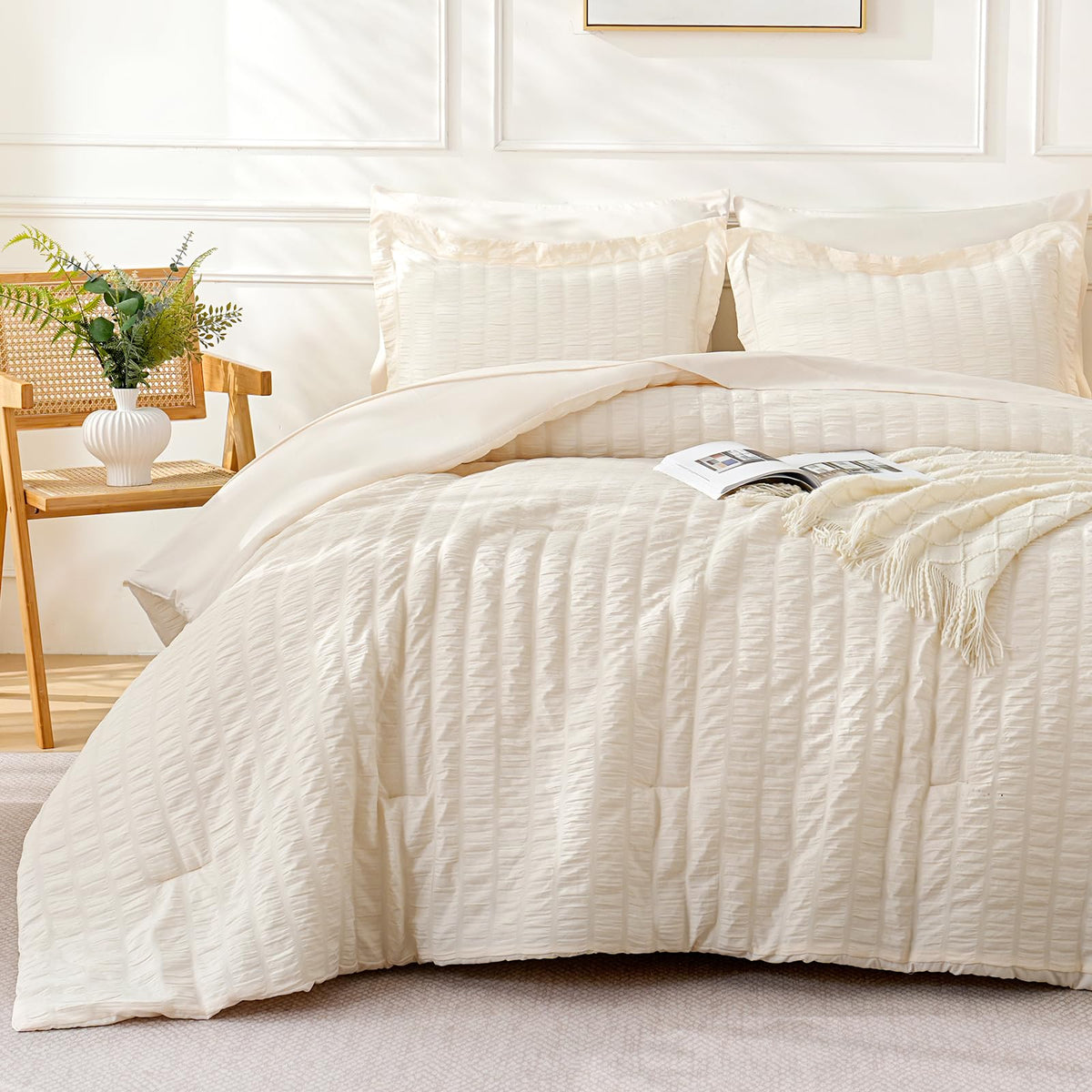 Comforter Set Seersucker 5 Pieces, All Season Bedding Set, Bed in a Bag Comforter Set with Comforter, Flat