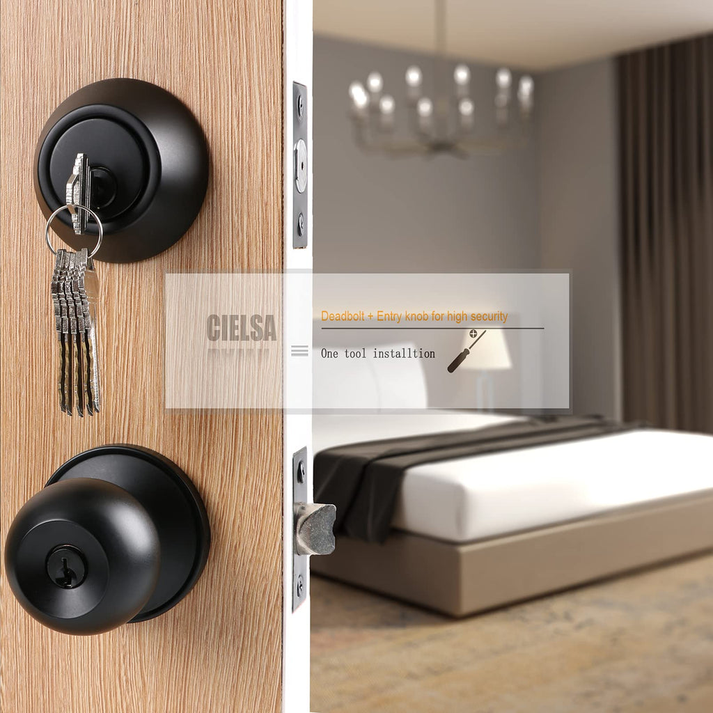 Black Door Knob with Lock and Deadbolt Set, Exterior Front Door Lock Set
