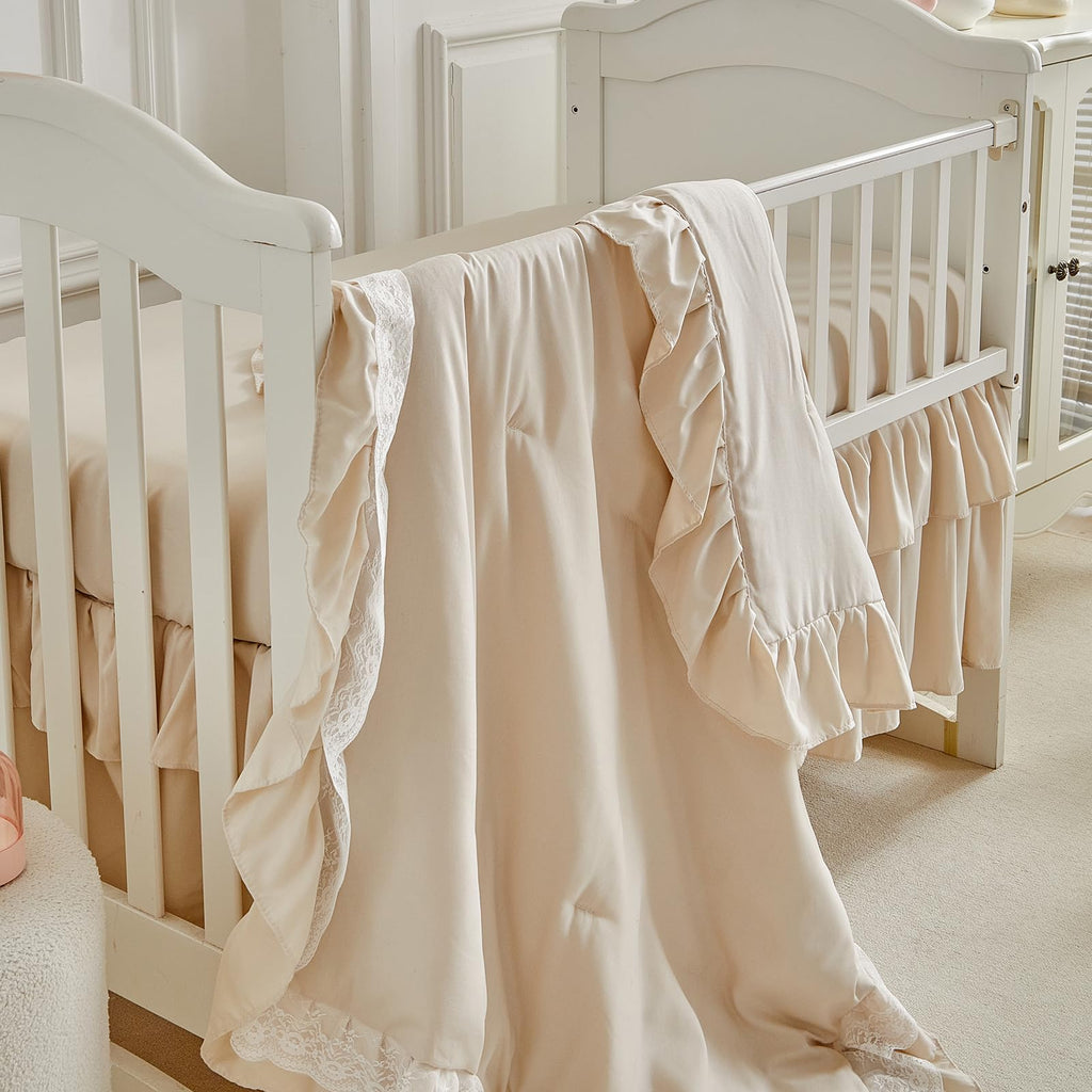 Ruffled Crib Bedding Set Floral Design 3 Pieces Baby Boho Quilted Comforter with Fitted Sheet and Bed Skirt - Cute